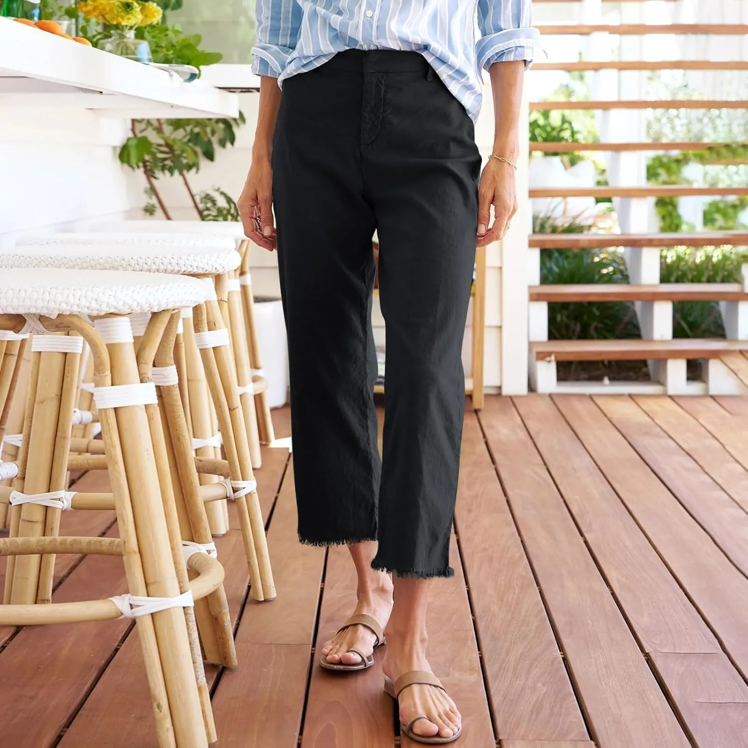 Women's Pants, Trendy Casual Linen Straight Leg Peasant Pants 2025 Flwoy Stretchy