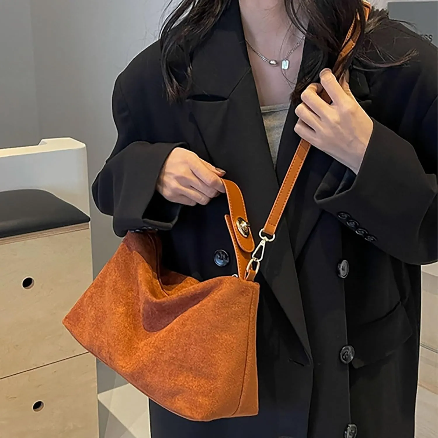 Womens Purse,Evening Clutch,Suede Shoulder Bags for Women Retro Fall Clutch Saddle Bag Small Tote Bag Satchels Work Purses Slouchy Crescent Handbag