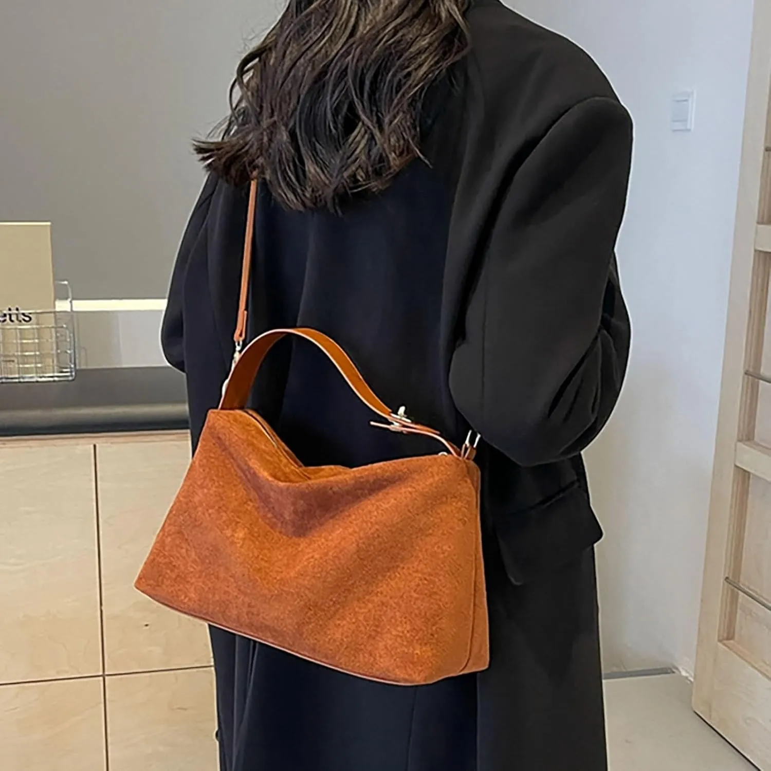 Womens Purse,Evening Clutch,Suede Shoulder Bags for Women Retro Fall Clutch Saddle Bag Small Tote Bag Satchels Work Purses Slouchy Crescent Handbag