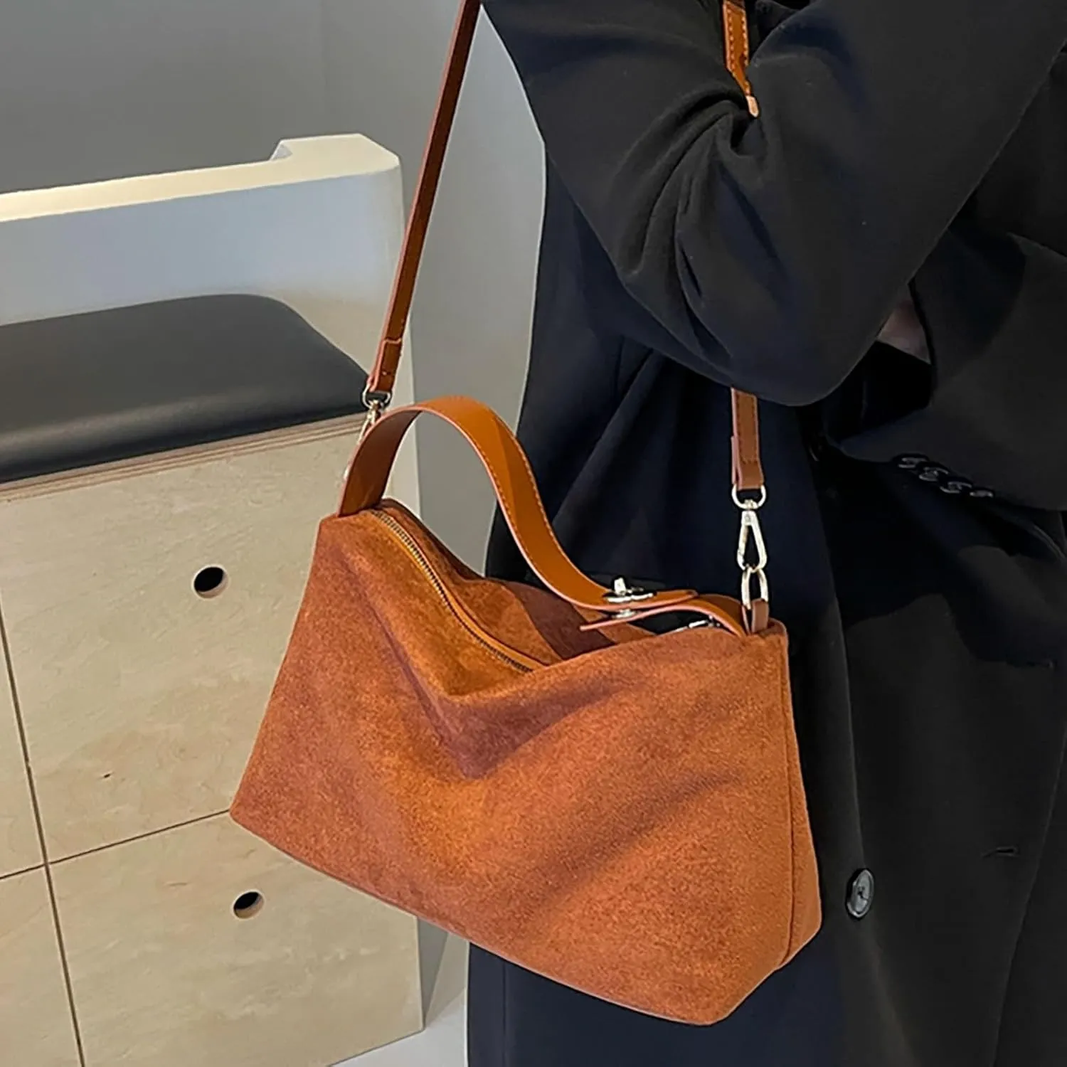 Womens Purse,Evening Clutch,Suede Shoulder Bags for Women Retro Fall Clutch Saddle Bag Small Tote Bag Satchels Work Purses Slouchy Crescent Handbag
