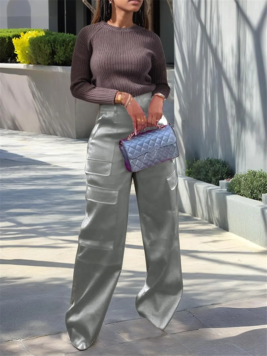 Women's Satin Cargo Wide Leg Pants Silky Dressy Relaxed Casual Pocketed Long Trouser