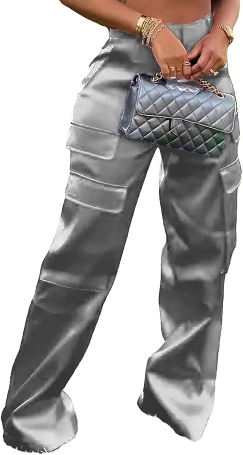 Women's Satin Cargo Wide Leg Pants Silky Dressy Relaxed Casual Pocketed Long Trouser