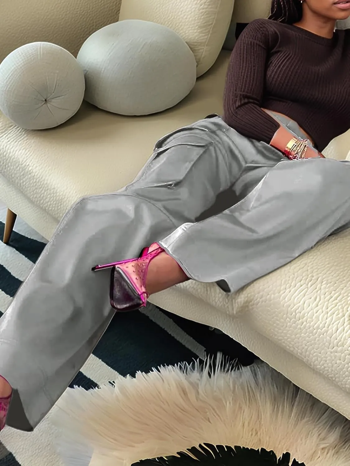 Women's Satin Cargo Wide Leg Pants Silky Dressy Relaxed Casual Pocketed Long Trouser
