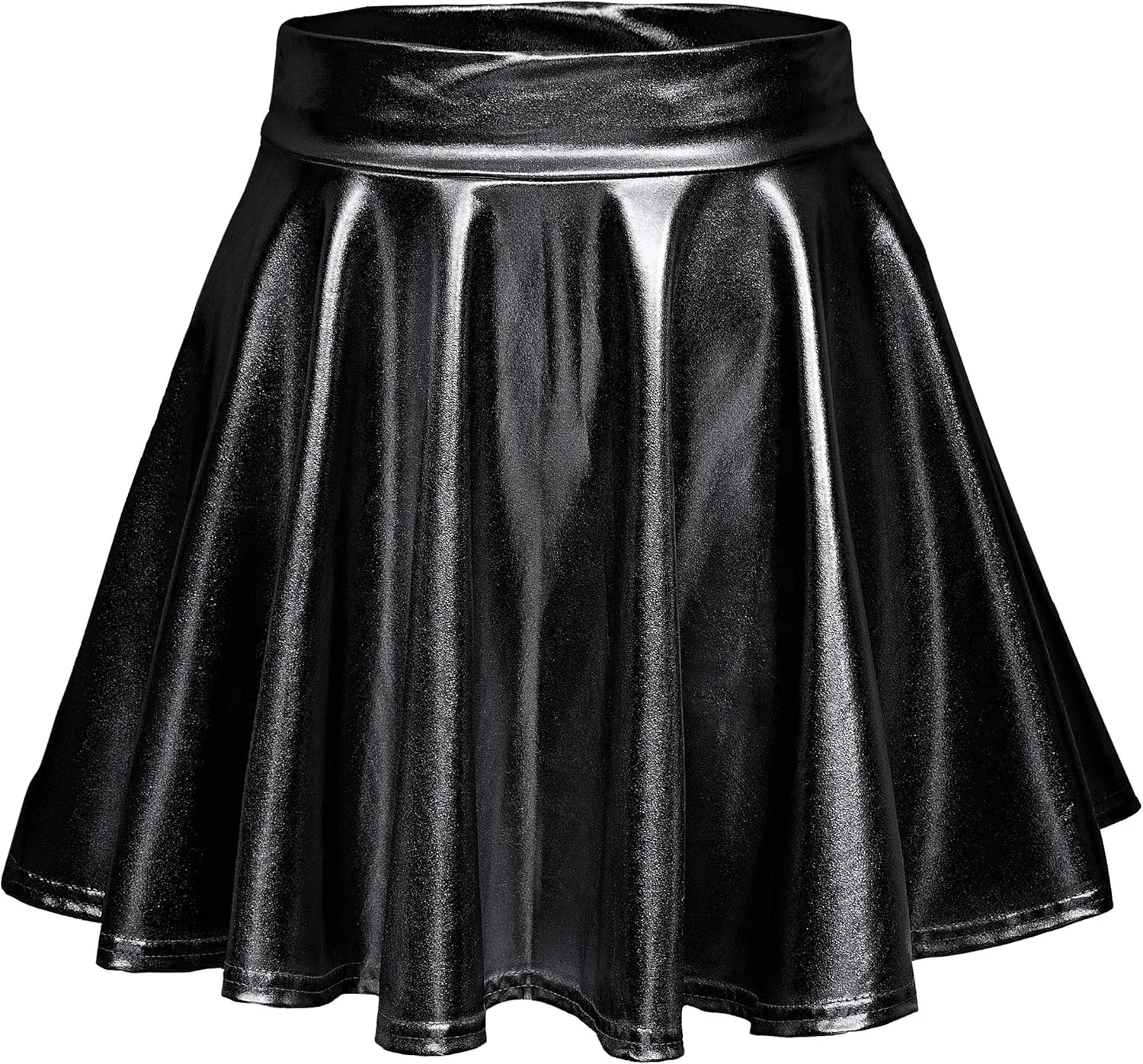 Women's Shiny Metallic Wet Look Stretchy Flared Mini Skater Skirt