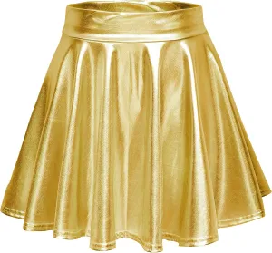 Women's Shiny Metallic Wet Look Stretchy Flared Mini Skater Skirt