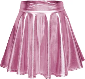 Women's Shiny Metallic Wet Look Stretchy Flared Mini Skater Skirt