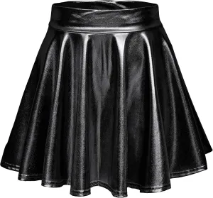 Women's Shiny Metallic Wet Look Stretchy Flared Mini Skater Skirt