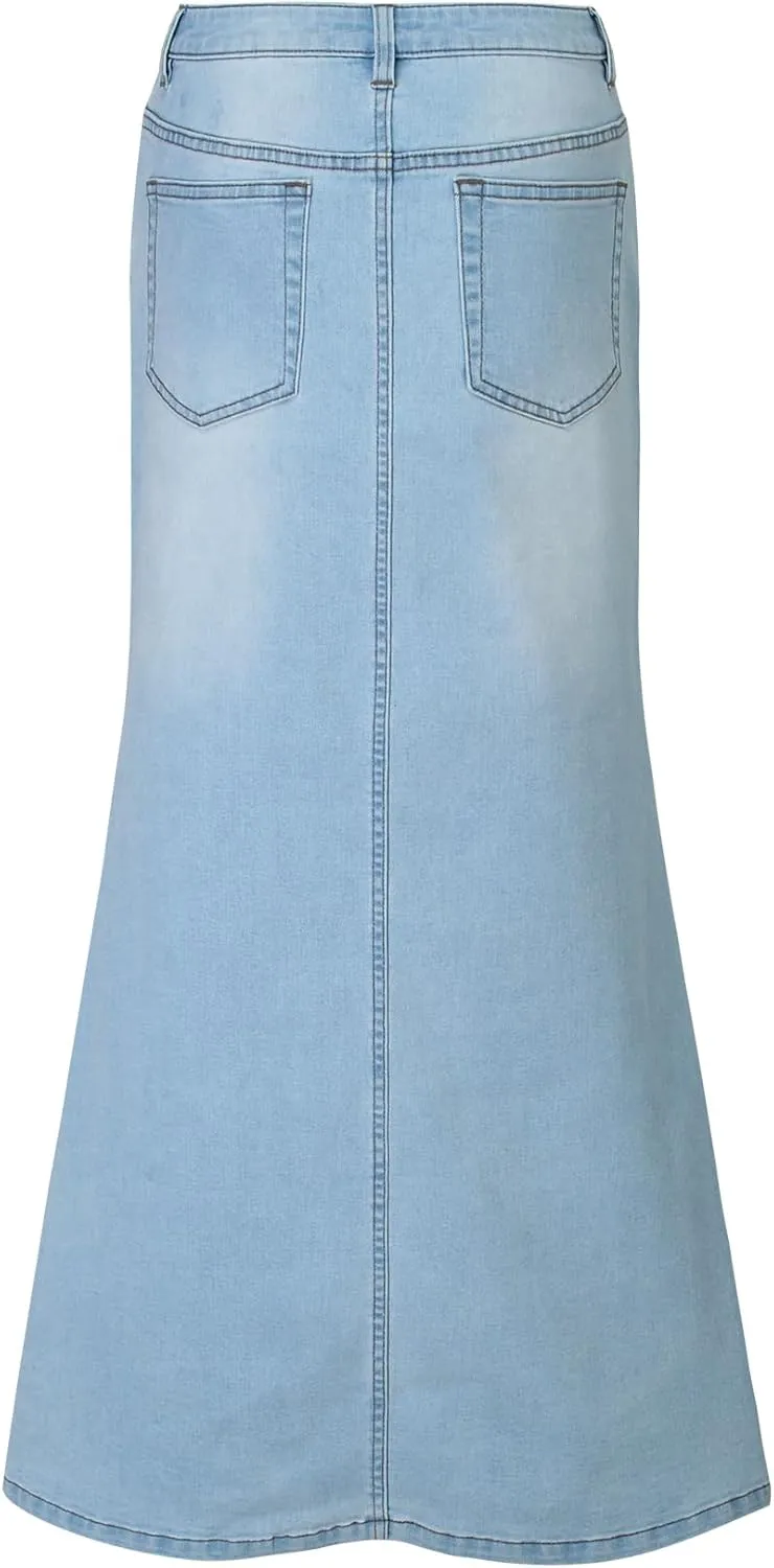 Women's Stretch Denim Maxi Skirt with Flare Hem, Trendy Long Skirt