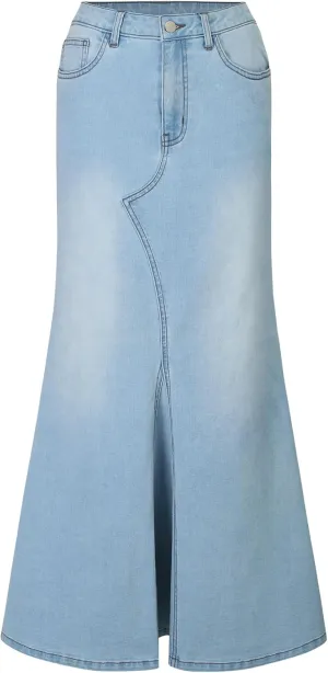 Women's Stretch Denim Maxi Skirt with Flare Hem, Trendy Long Skirt