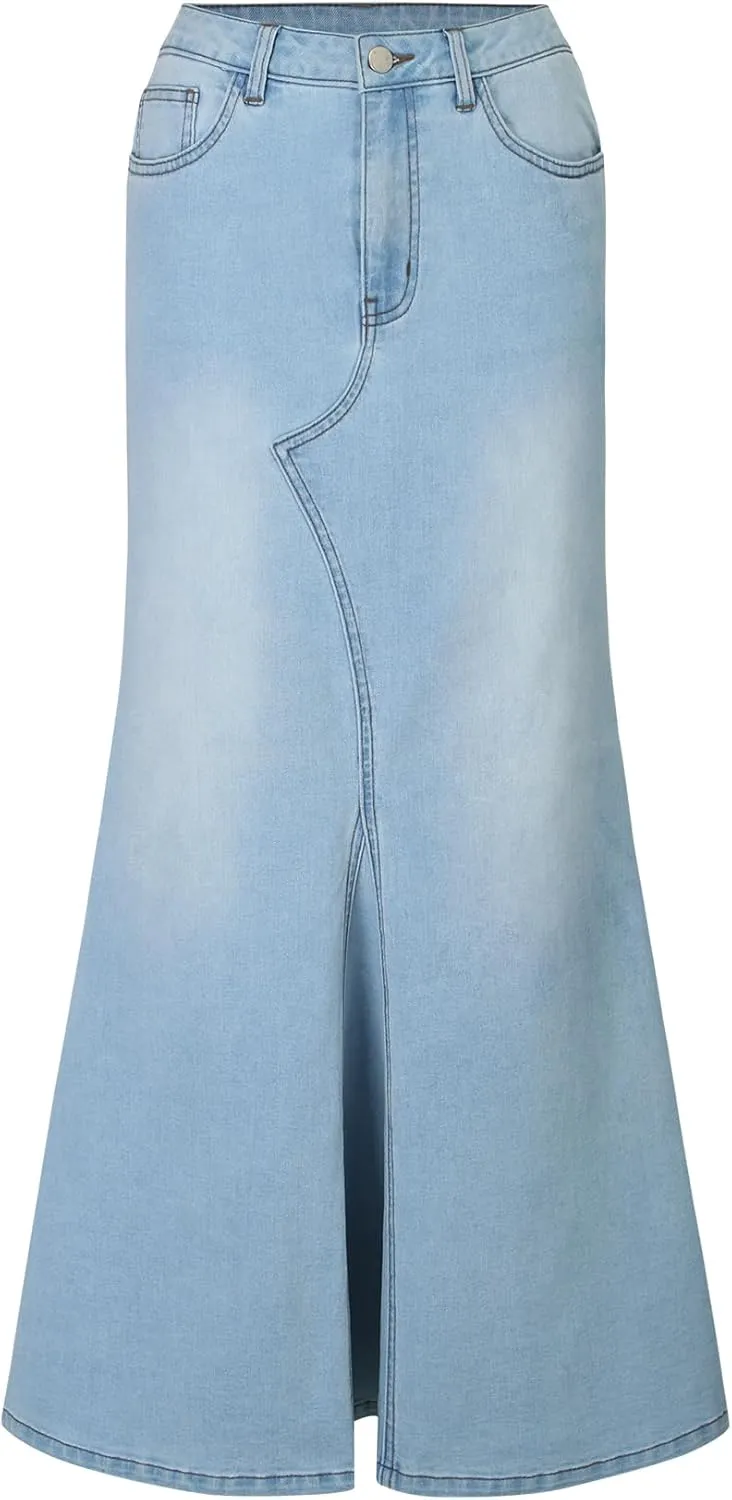 Women's Stretch Denim Maxi Skirt with Flare Hem, Trendy Long Skirt