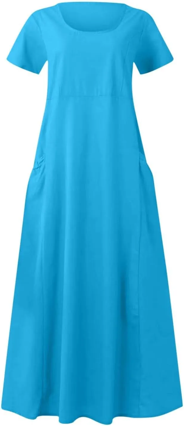 Women's Summer Dress Casual Short Sleeve Flowy with Pockets Comfortable Loose Outdoor Dressy Scoop Neck Clothes 2025