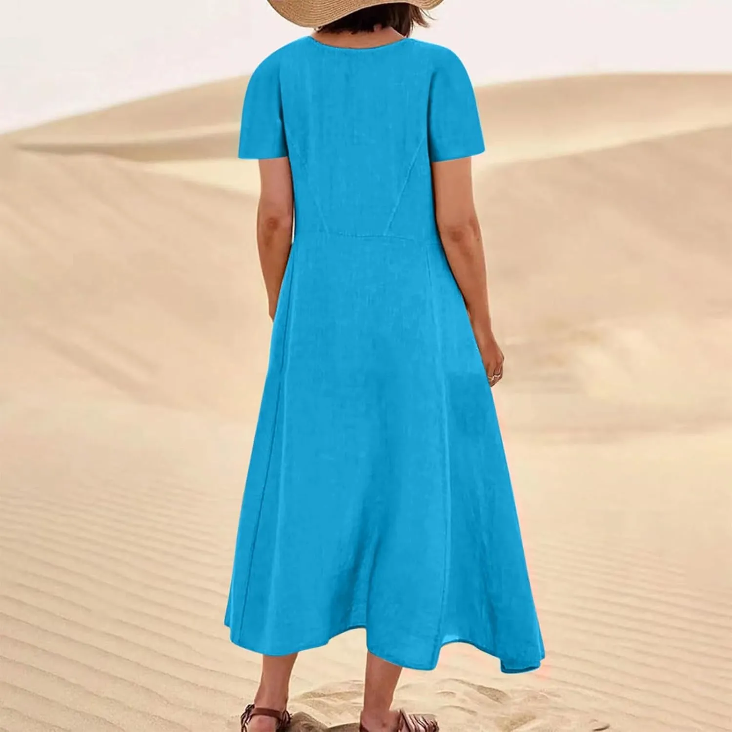 Women's Summer Dress Casual Short Sleeve Flowy with Pockets Comfortable Loose Outdoor Dressy Scoop Neck Clothes 2025