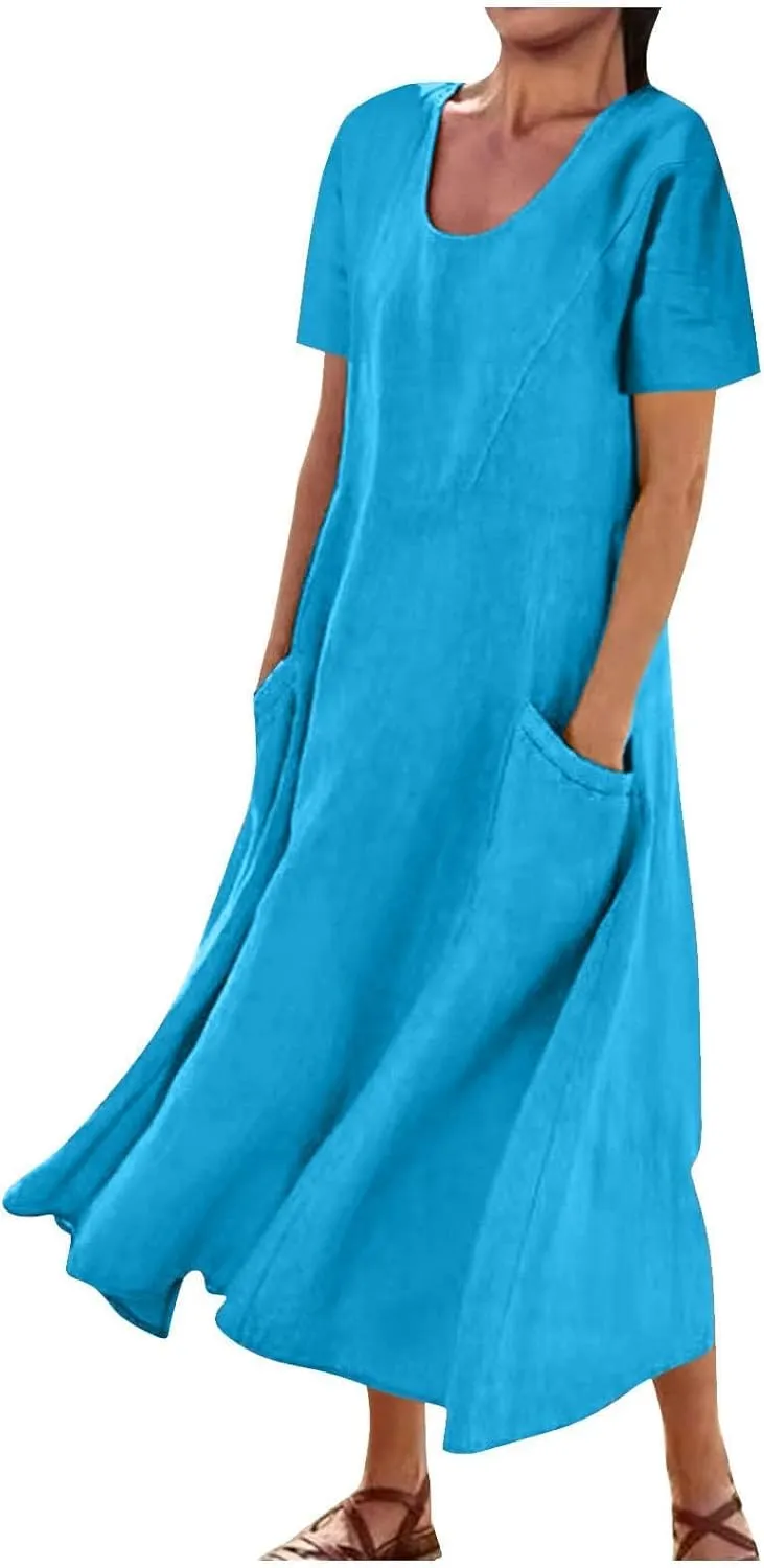 Women's Summer Dress Casual Short Sleeve Flowy with Pockets Comfortable Loose Outdoor Dressy Scoop Neck Clothes 2025