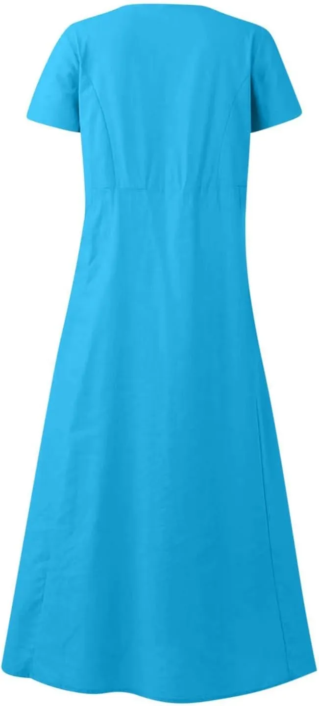 Women's Summer Dress Casual Short Sleeve Flowy with Pockets Comfortable Loose Outdoor Dressy Scoop Neck Clothes 2025