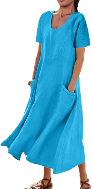 Women's Summer Dress Casual Short Sleeve Flowy with Pockets Comfortable Loose Outdoor Dressy Scoop Neck Clothes 2025
