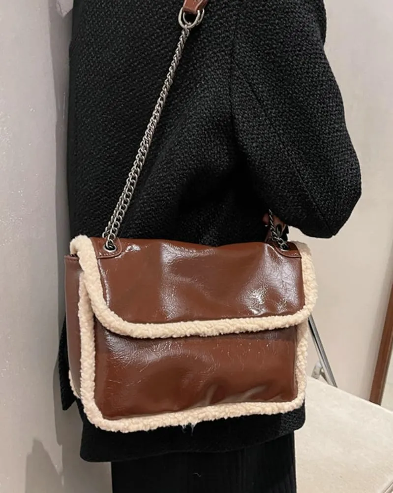 Womens Trendy Vegan Leather Shoulder Crossbody Purse Handbag Small Splicing Top Handle Satchel Totes with Chain
