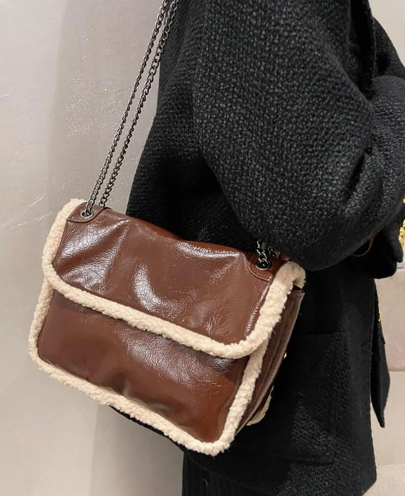 Womens Trendy Vegan Leather Shoulder Crossbody Purse Handbag Small Splicing Top Handle Satchel Totes with Chain