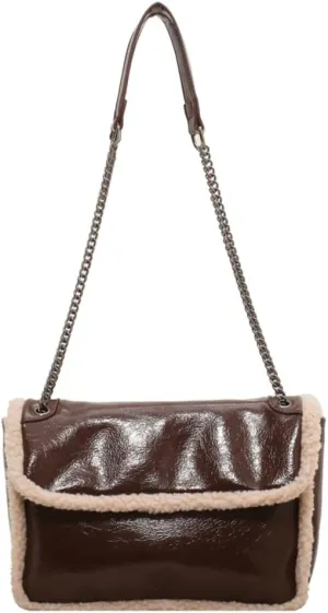 Womens Trendy Vegan Leather Shoulder Crossbody Purse Handbag Small Splicing Top Handle Satchel Totes with Chain