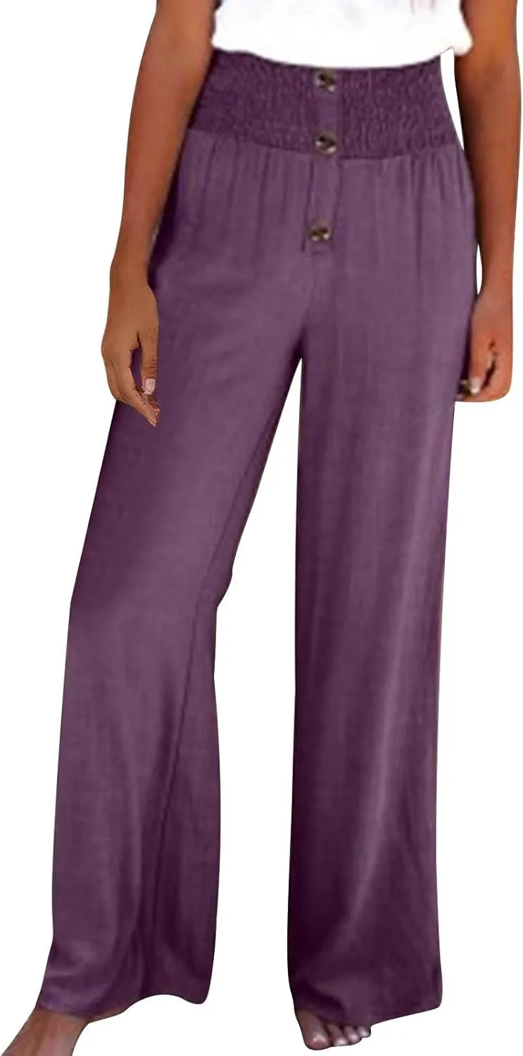 Women's Wide Leg Pants Comfortable Elastic High Waist Loose Button Solid Trousers Work Casual Pants with Pockets