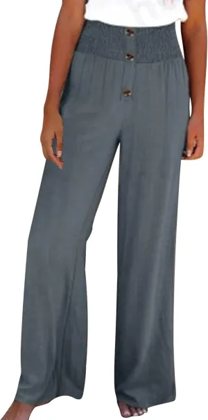 Women's Wide Leg Pants Comfortable Elastic High Waist Loose Button Solid Trousers Work Casual Pants with Pockets