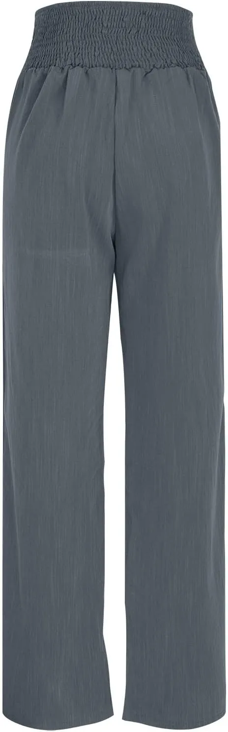Women's Wide Leg Pants Comfortable Elastic High Waist Loose Button Solid Trousers Work Casual Pants with Pockets
