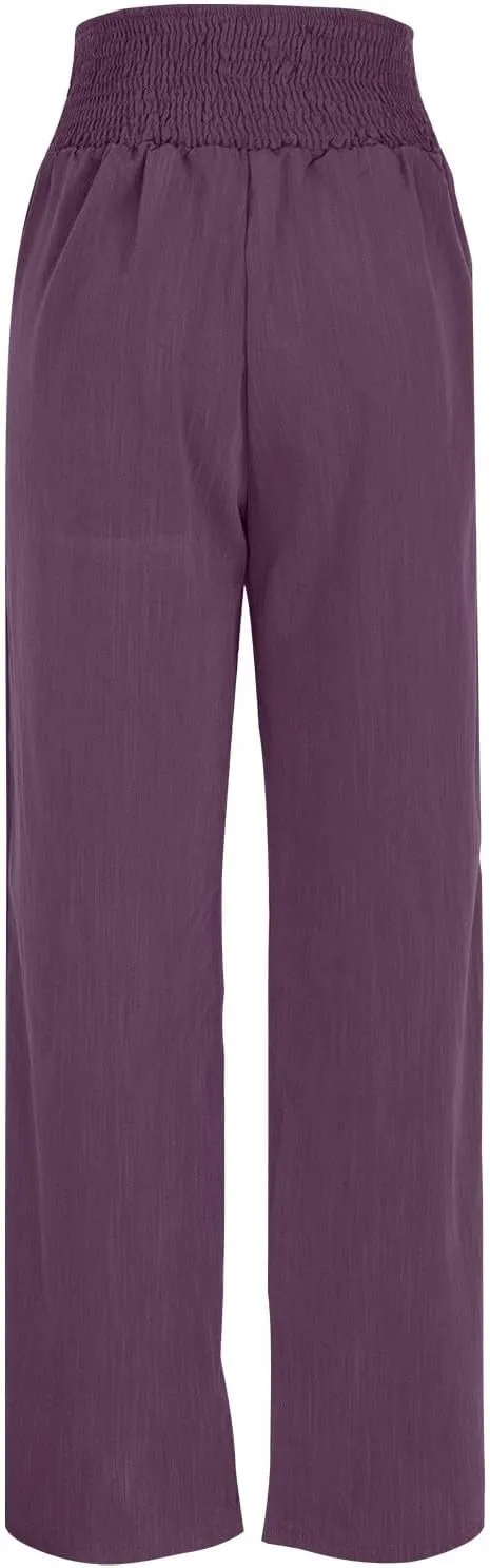 Women's Wide Leg Pants Comfortable Elastic High Waist Loose Button Solid Trousers Work Casual Pants with Pockets