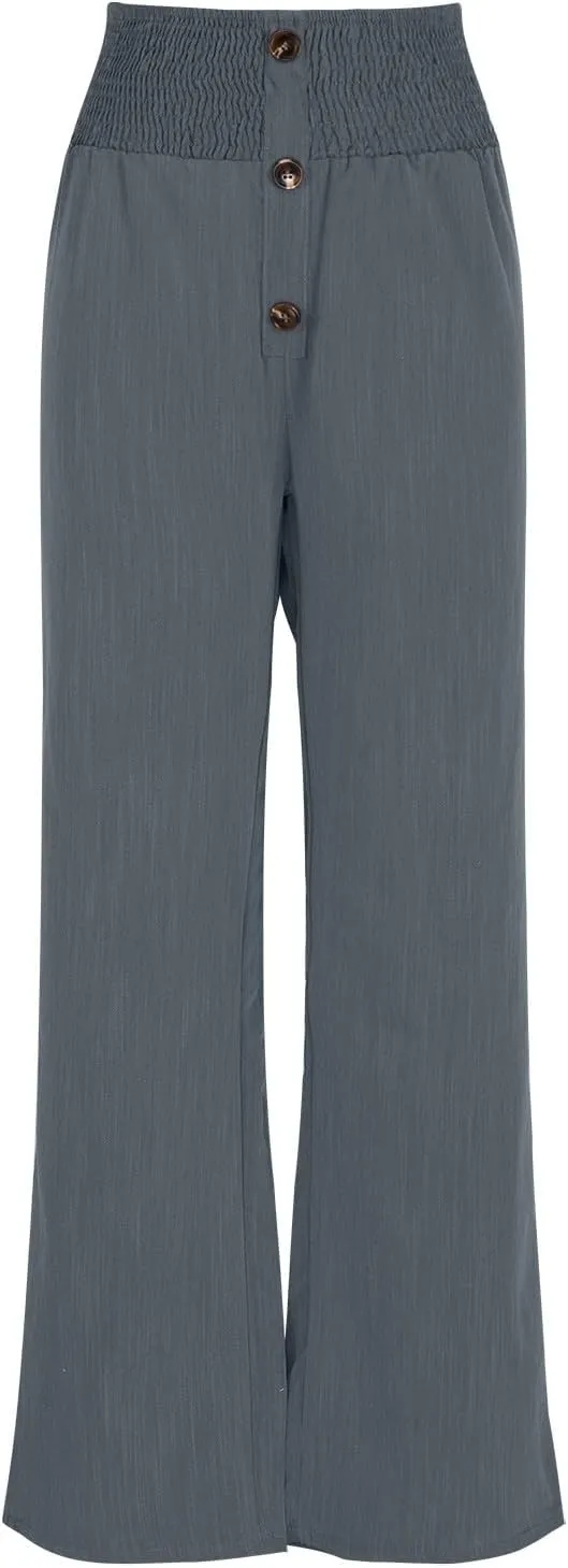 Women's Wide Leg Pants Comfortable Elastic High Waist Loose Button Solid Trousers Work Casual Pants with Pockets