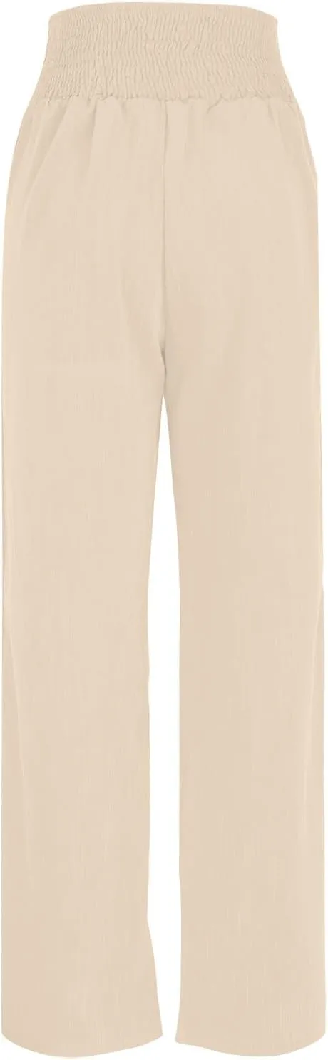 Women's Wide Leg Pants Comfortable Elastic High Waist Loose Button Solid Trousers Work Casual Pants with Pockets