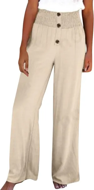 Women's Wide Leg Pants Comfortable Elastic High Waist Loose Button Solid Trousers Work Casual Pants with Pockets