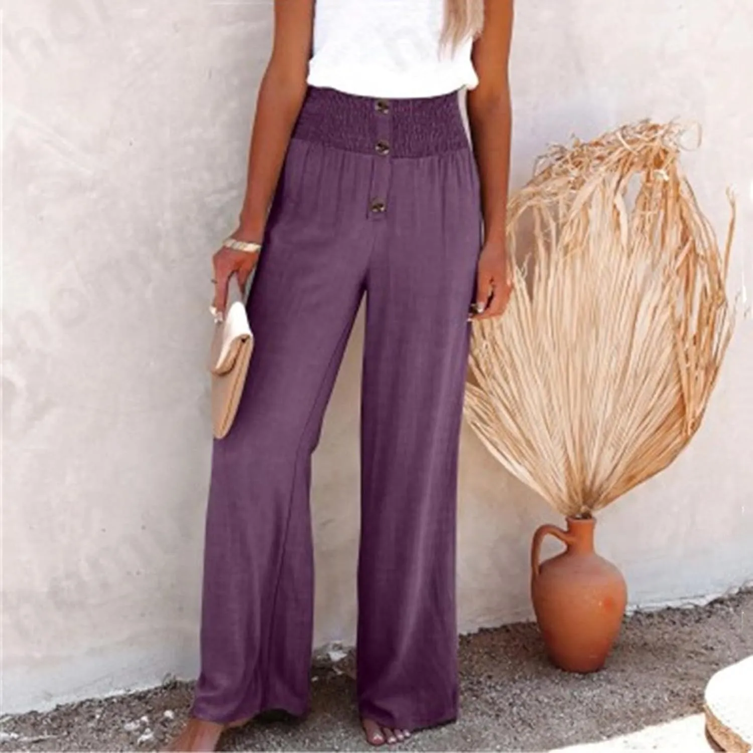 Women's Wide Leg Pants Comfortable Elastic High Waist Loose Button Solid Trousers Work Casual Pants with Pockets