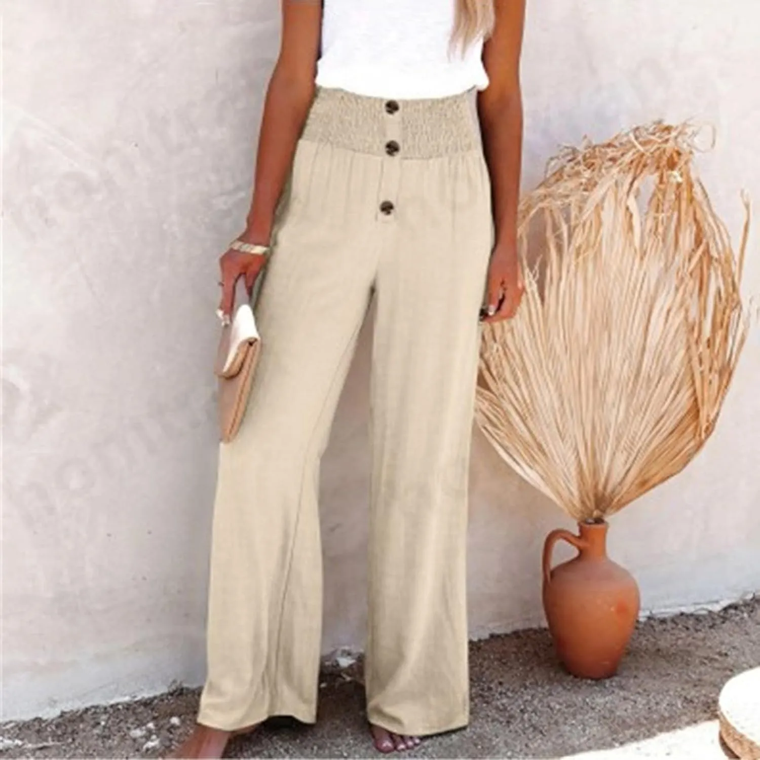 Women's Wide Leg Pants Comfortable Elastic High Waist Loose Button Solid Trousers Work Casual Pants with Pockets