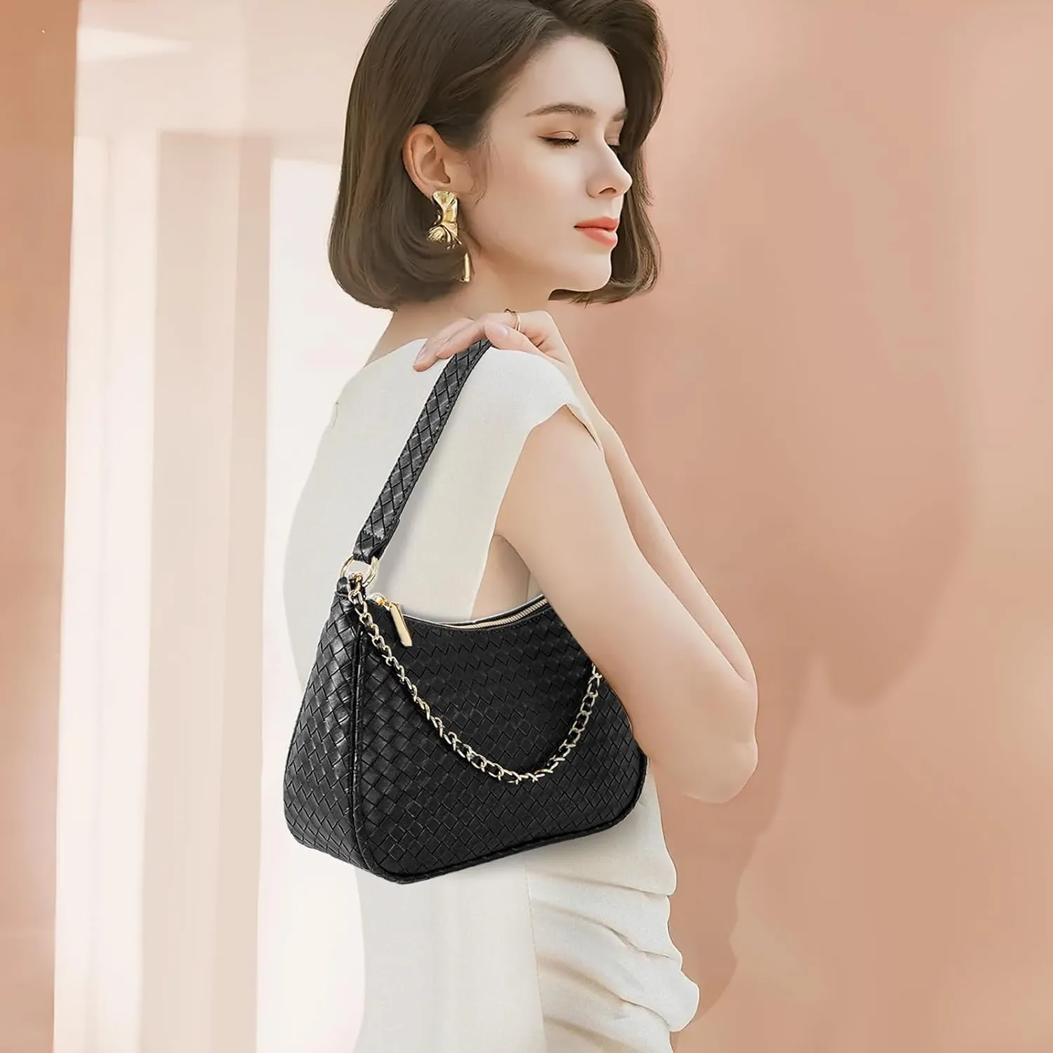 Women's Woven Crescent Shoulder Bags Retro 90s Hobo Handbags Top Handle Underarm Bag Clutch Purses