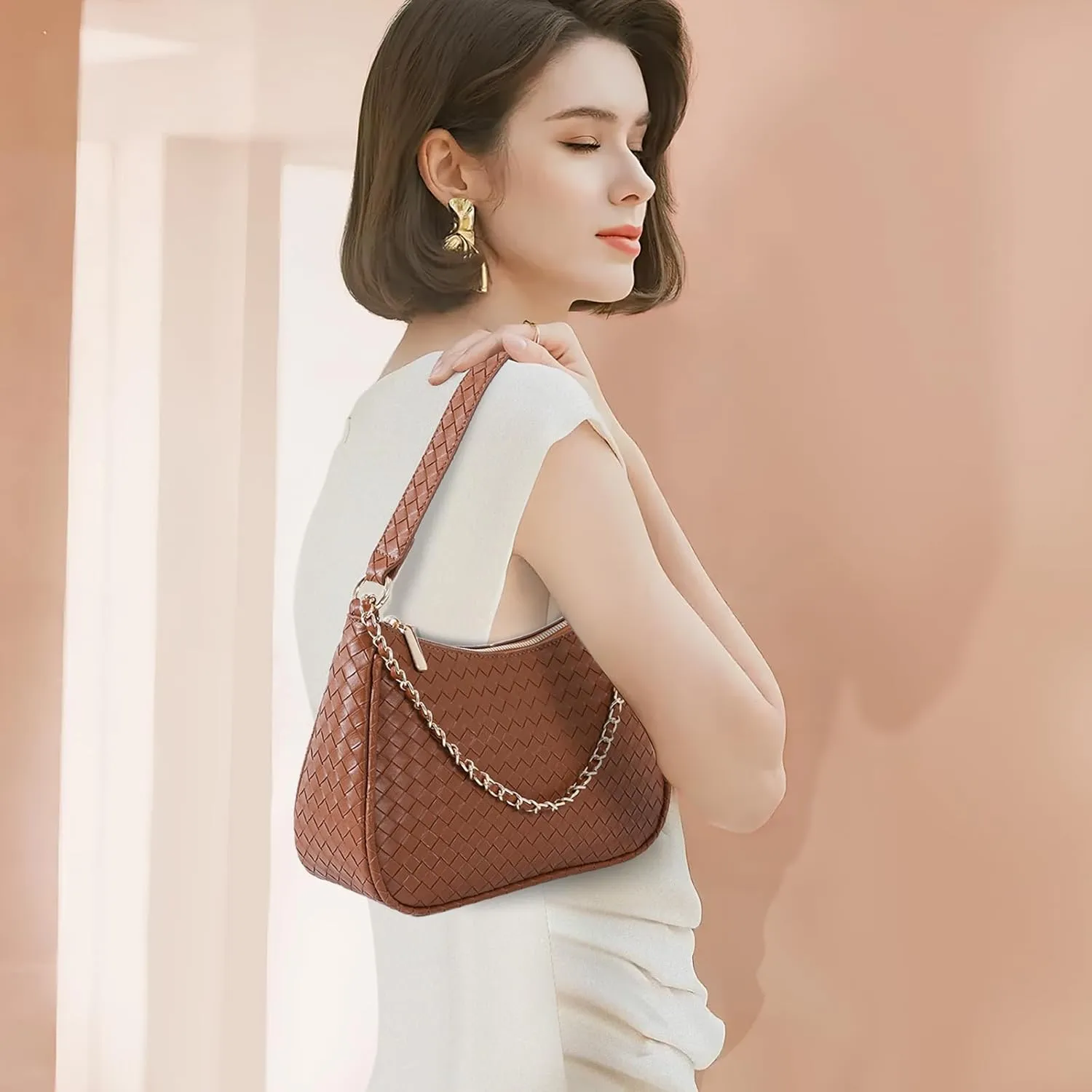 Women's Woven Crescent Shoulder Bags Retro 90s Hobo Handbags Top Handle Underarm Bag Clutch Purses