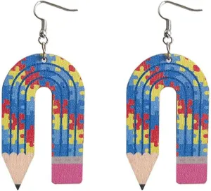 Wooden Pencil Drop Earring Classic Stack of Books Dangle Earrings Handmade Librarian Teacher Hook Earring for Women Teen Girls, Teachers, Students Back to School Gradution Jewelry