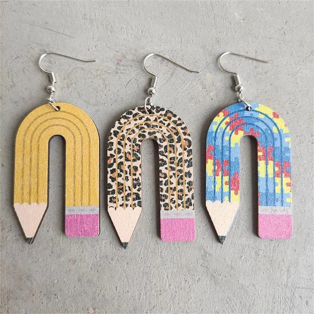 Wooden Pencil Drop Earring Classic Stack of Books Dangle Earrings Handmade Librarian Teacher Hook Earring for Women Teen Girls, Teachers, Students Back to School Gradution Jewelry