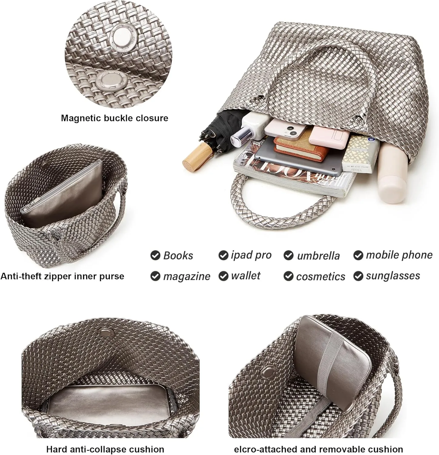 Woven Tote Bag Womens Purse: Vegan Leather Shoulder Handbags - Fashion Summer Beach Tote Bags - Large Travel Totes