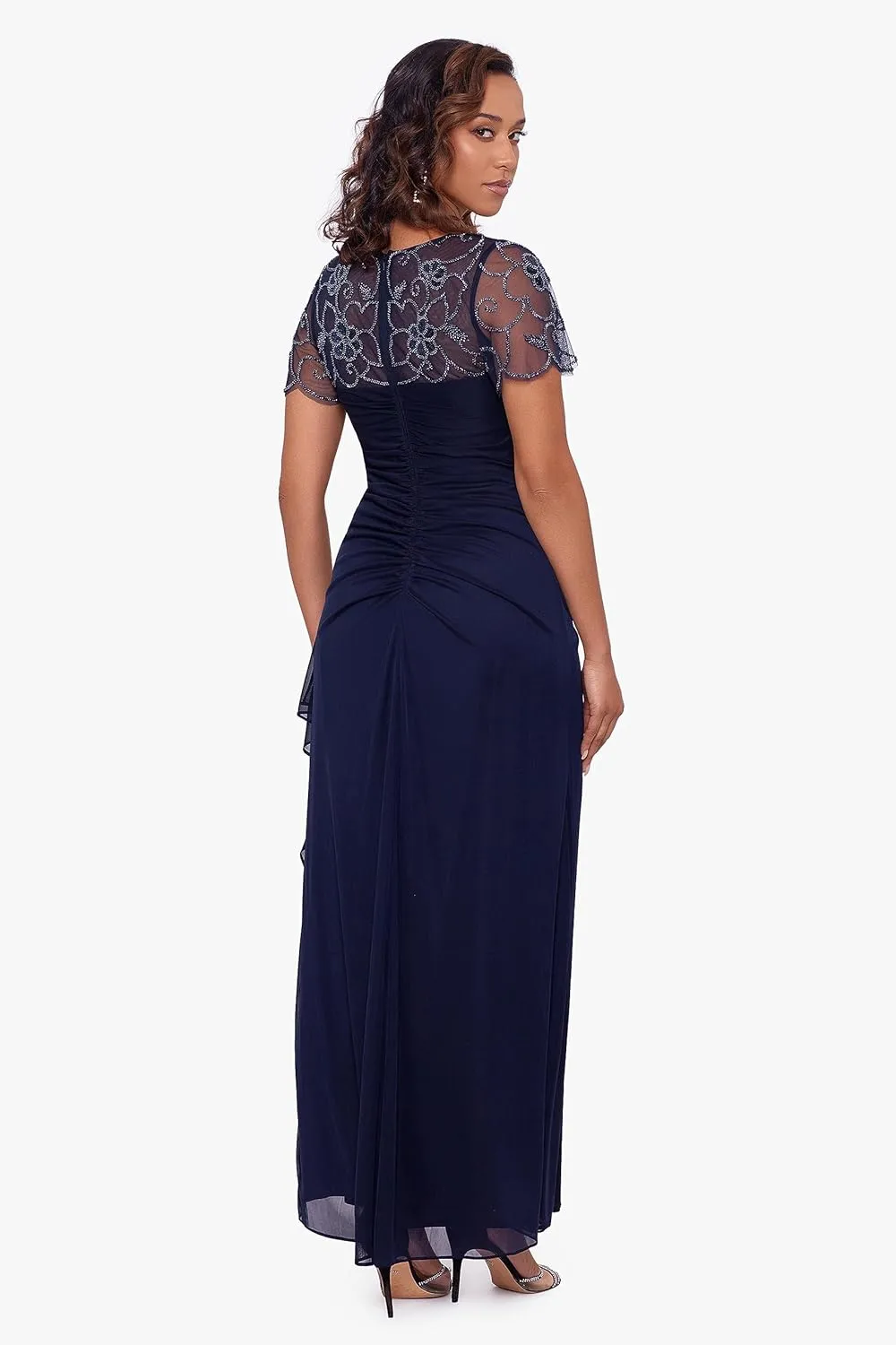Xscape Women's Long Beaded Sequin Illusion Neckline Jersey Dress (Reg and Petite)