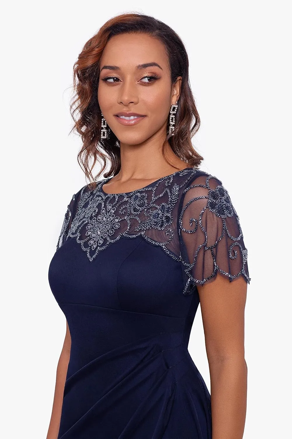 Xscape Women's Long Beaded Sequin Illusion Neckline Jersey Dress (Reg and Petite)