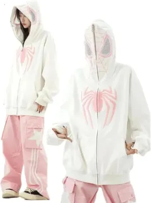 Y2K Hip Hop Spider Hoodie for Women Men Graphic Full Zip up Hoodies Oversized Kawaii Hoodies Spider Jacket