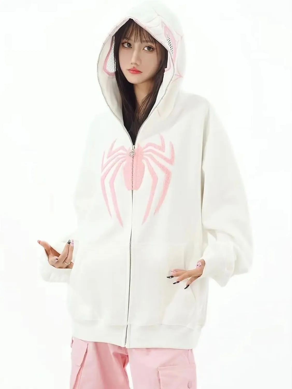 Y2K Hip Hop Spider Hoodie for Women Men Graphic Full Zip up Hoodies Oversized Kawaii Hoodies Spider Jacket