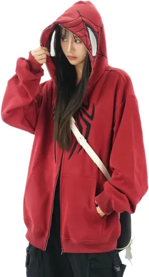 Y2K Hip Hop Spider Hoodie for Women Men Graphic Full Zip up Hoodies Oversized Kawaii Hoodies Spider Jacket