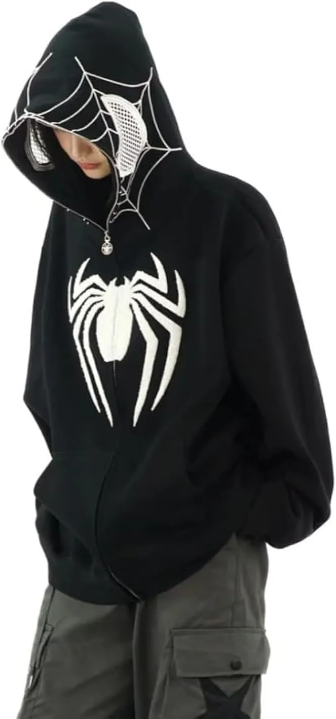 Y2K Hip Hop Spider Hoodie for Women Men Graphic Full Zip up Hoodies Oversized Kawaii Hoodies Spider Jacket