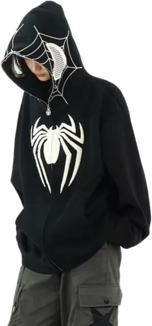 Y2K Hip Hop Spider Hoodie for Women Men Graphic Full Zip up Hoodies Oversized Kawaii Hoodies Spider Jacket
