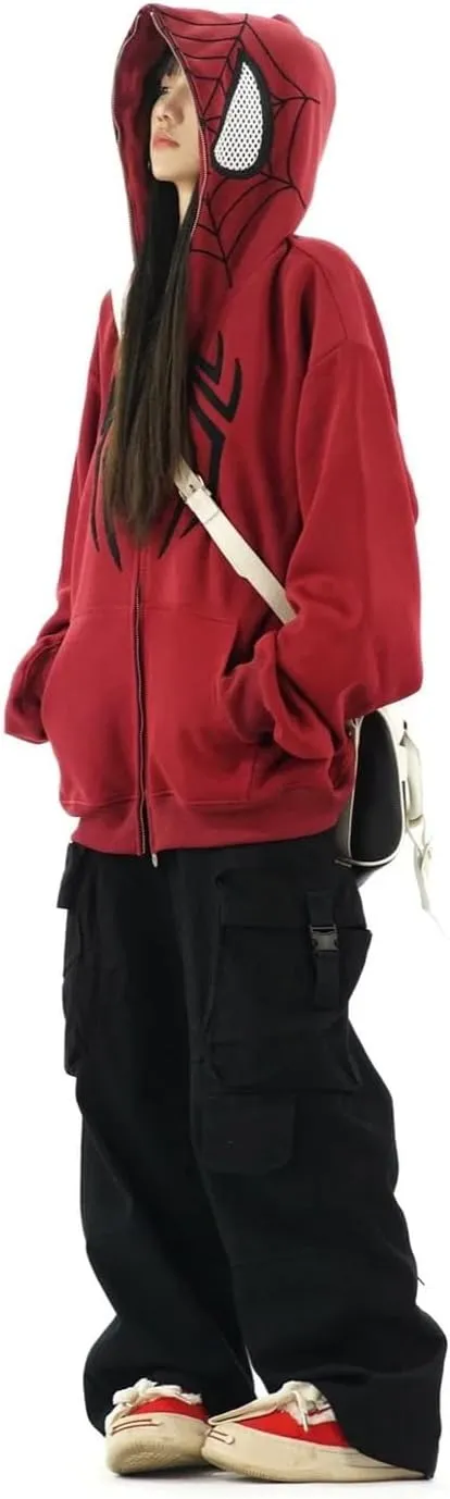 Y2K Hip Hop Spider Hoodie for Women Men Graphic Full Zip up Hoodies Oversized Kawaii Hoodies Spider Jacket