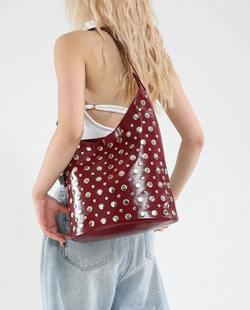 Y2K PU Leather Shoulder Bag for Women Rivet Bucket Tote Purse Trendy Handbag Travel Party