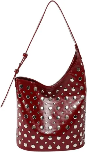 Y2K PU Leather Shoulder Bag for Women Rivet Bucket Tote Purse Trendy Handbag Travel Party