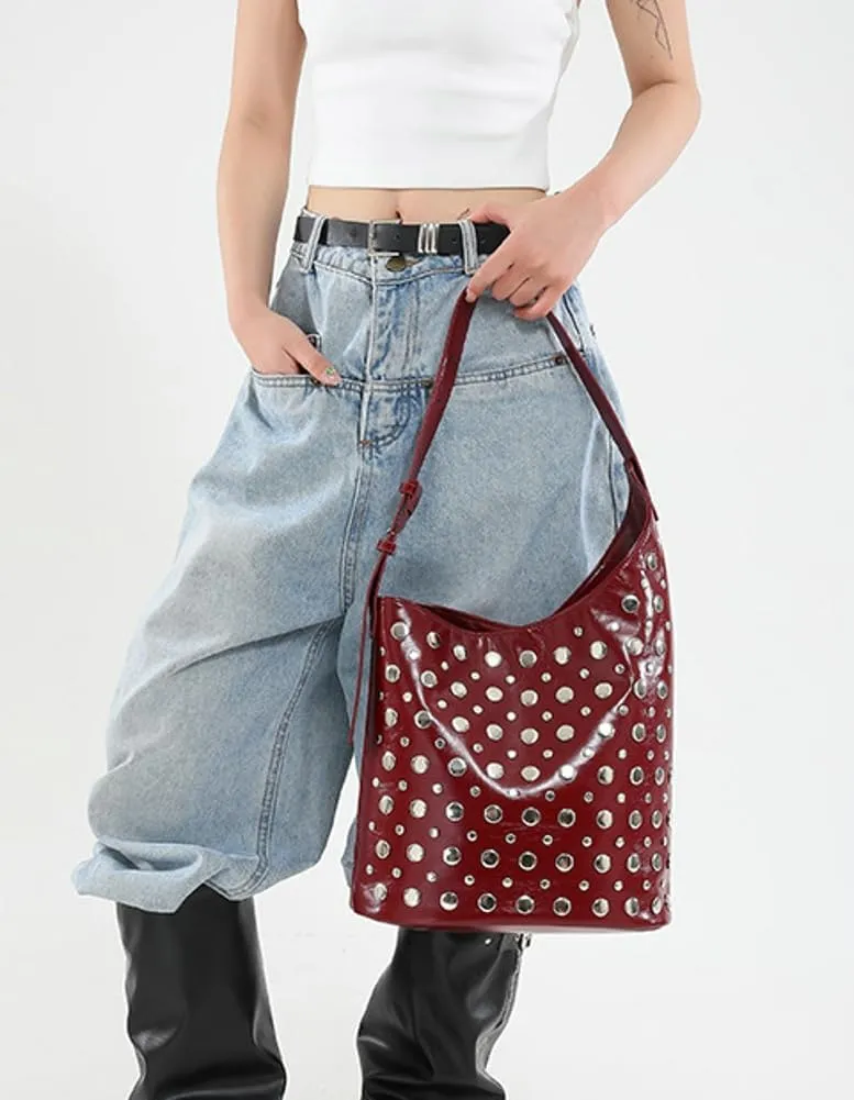 Y2K PU Leather Shoulder Bag for Women Rivet Bucket Tote Purse Trendy Handbag Travel Party
