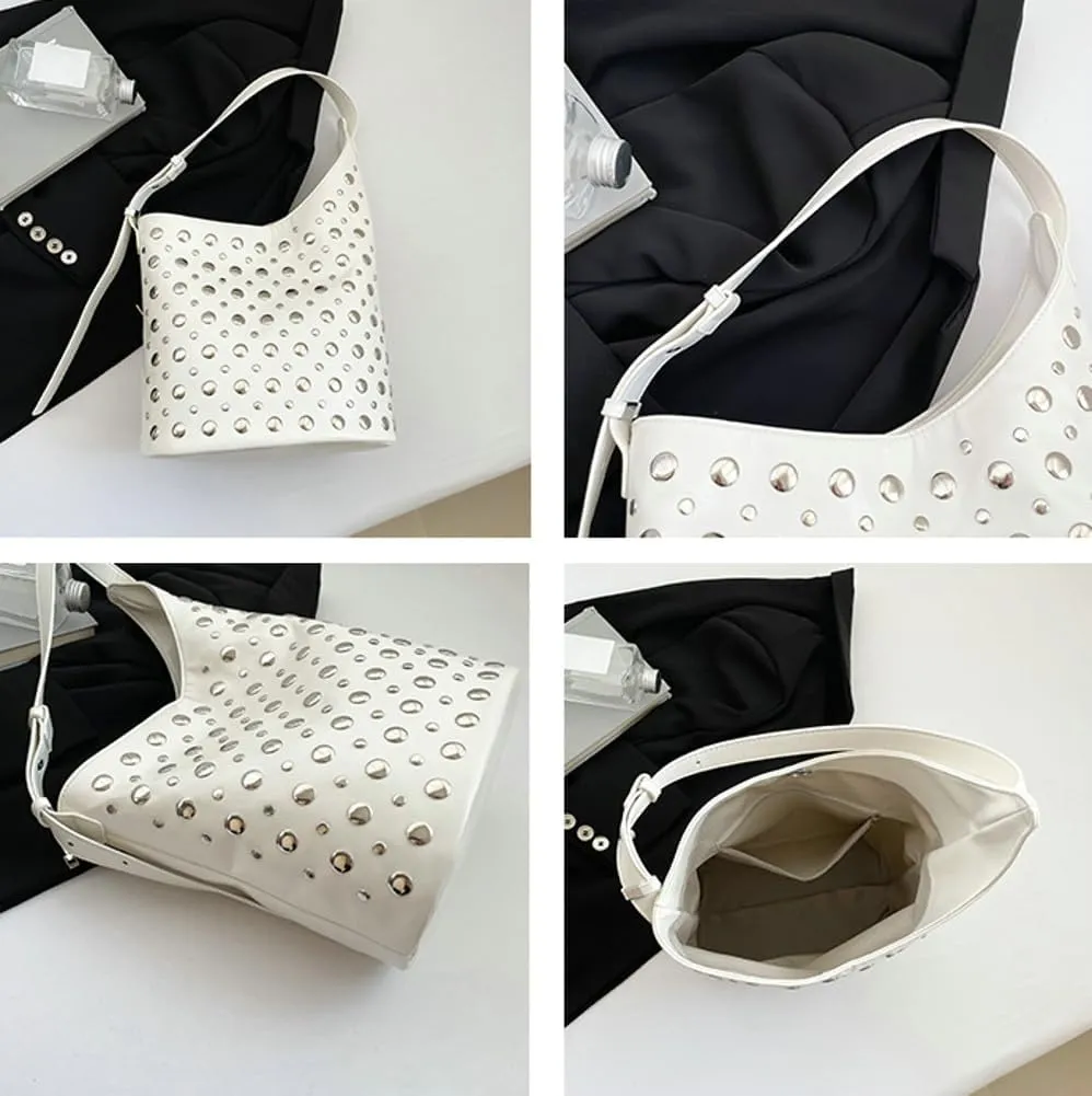Y2K PU Leather Shoulder Bag for Women Rivet Bucket Tote Purse Trendy Handbag Travel Party