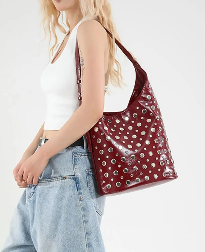 Y2K PU Leather Shoulder Bag for Women Rivet Bucket Tote Purse Trendy Handbag Travel Party