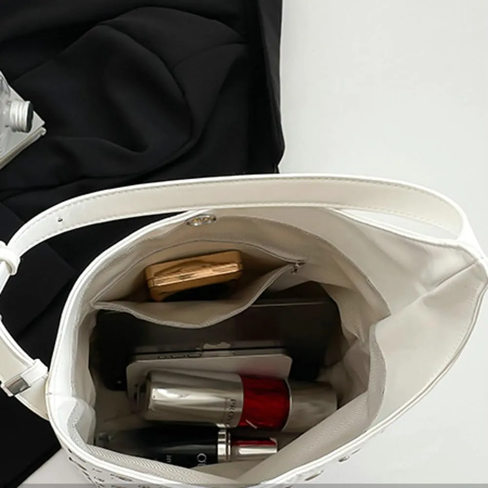 Y2K PU Leather Shoulder Bag for Women Rivet Bucket Tote Purse Trendy Handbag Travel Party